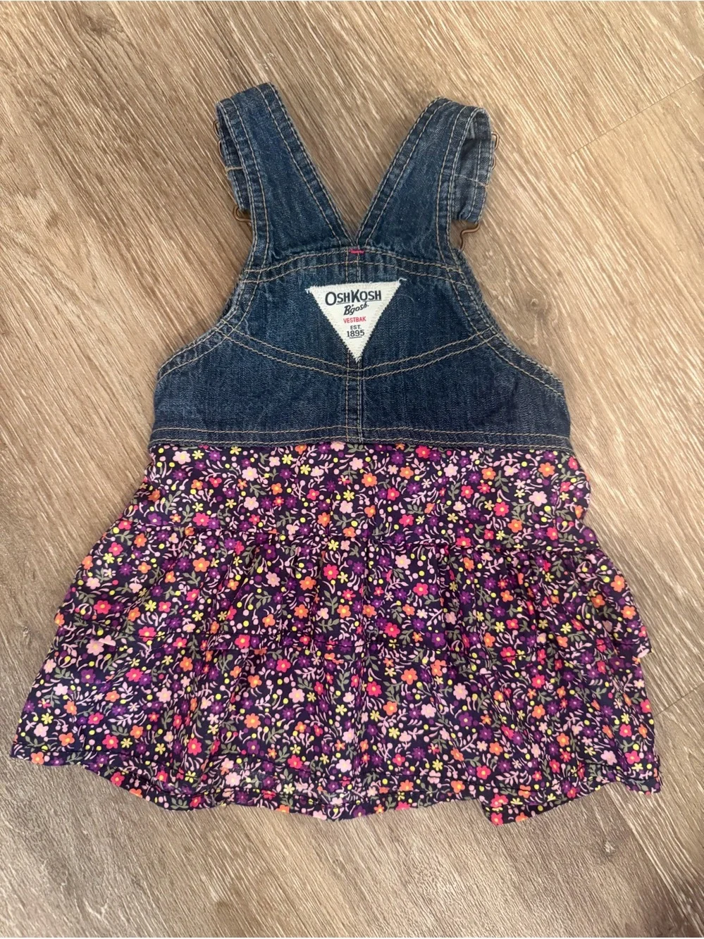 OshKosh B’Gosh Baby Girls Tiered Floral Denim Overall Dress size 12 months